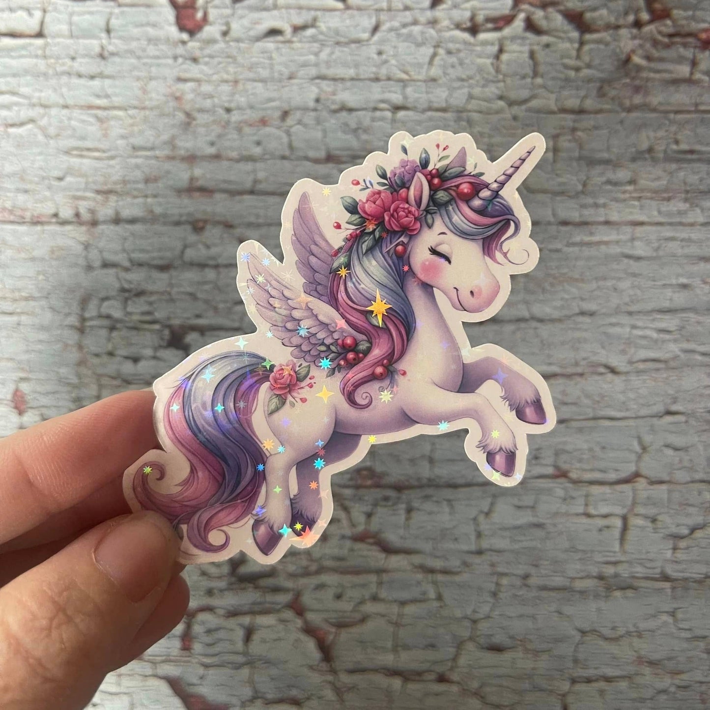 Pretty Rose Unicorn Die Cut Vinyl Sticker: Rainbow holo / Loose/unpackaged