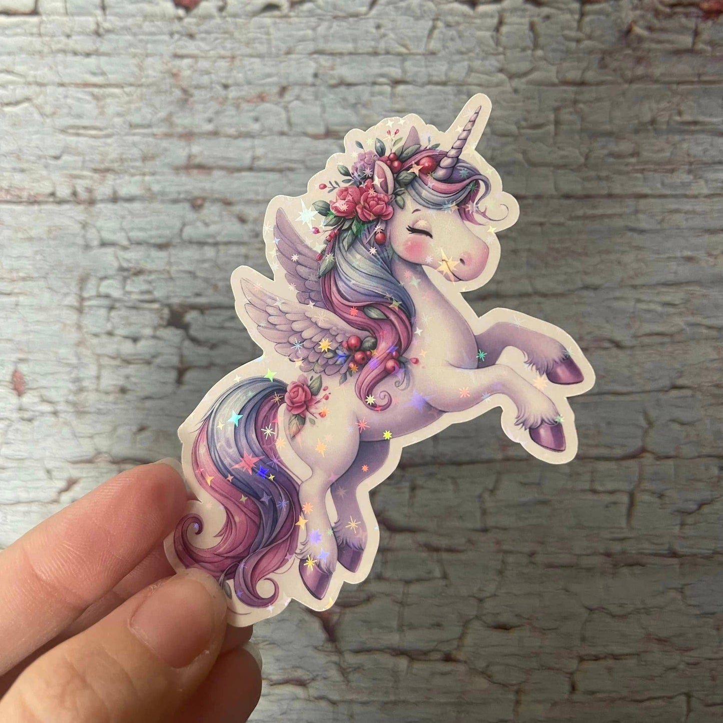 Pretty Rose Unicorn Die Cut Vinyl Sticker: Stars holo / Loose/unpackaged