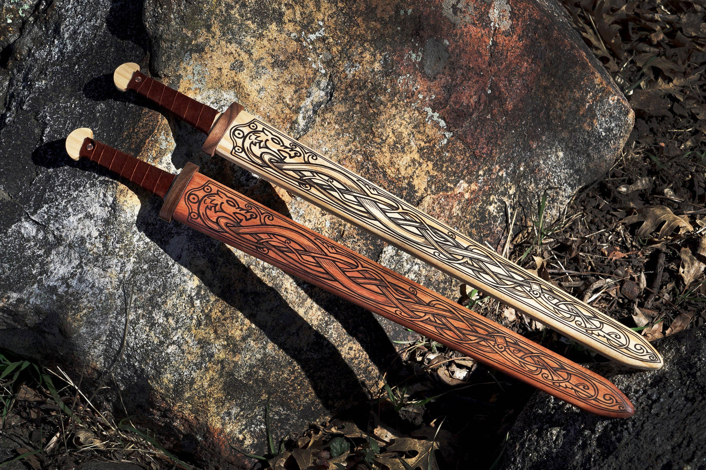 Mini Wooden Viking Sword with Norse Motif Light or Dark