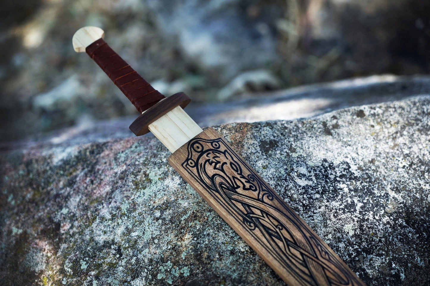 Mini Wooden Viking Sword with Norse Motif Light or Dark