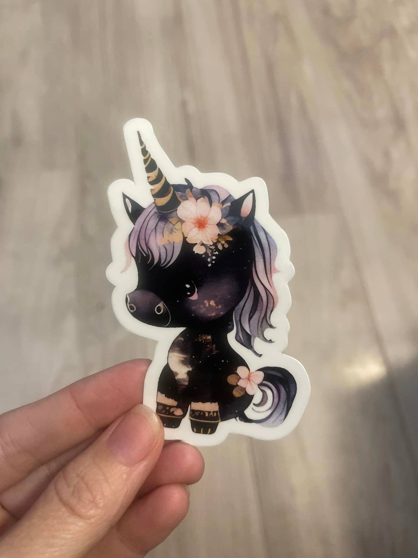 Black Unicorn & Flowers Die Cut Vinyl Sticker: Stars Holo / Loose/unpackaged