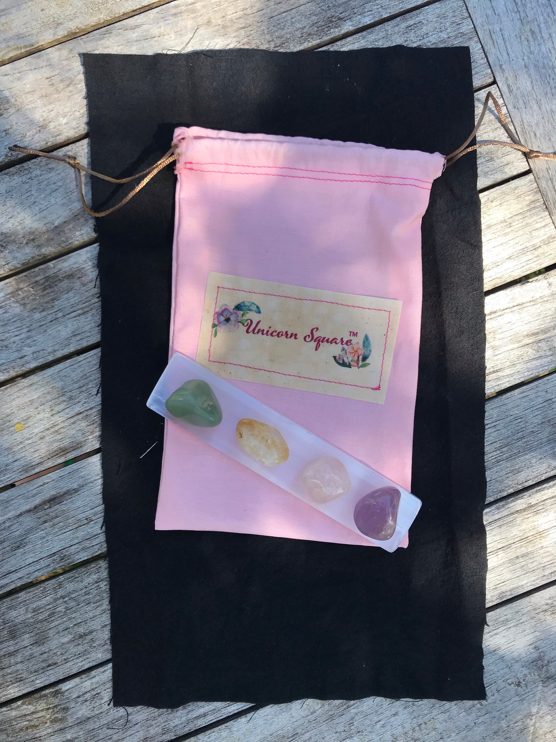 Selenite Wand & Four Tumbled Crystals - Unicorn Square