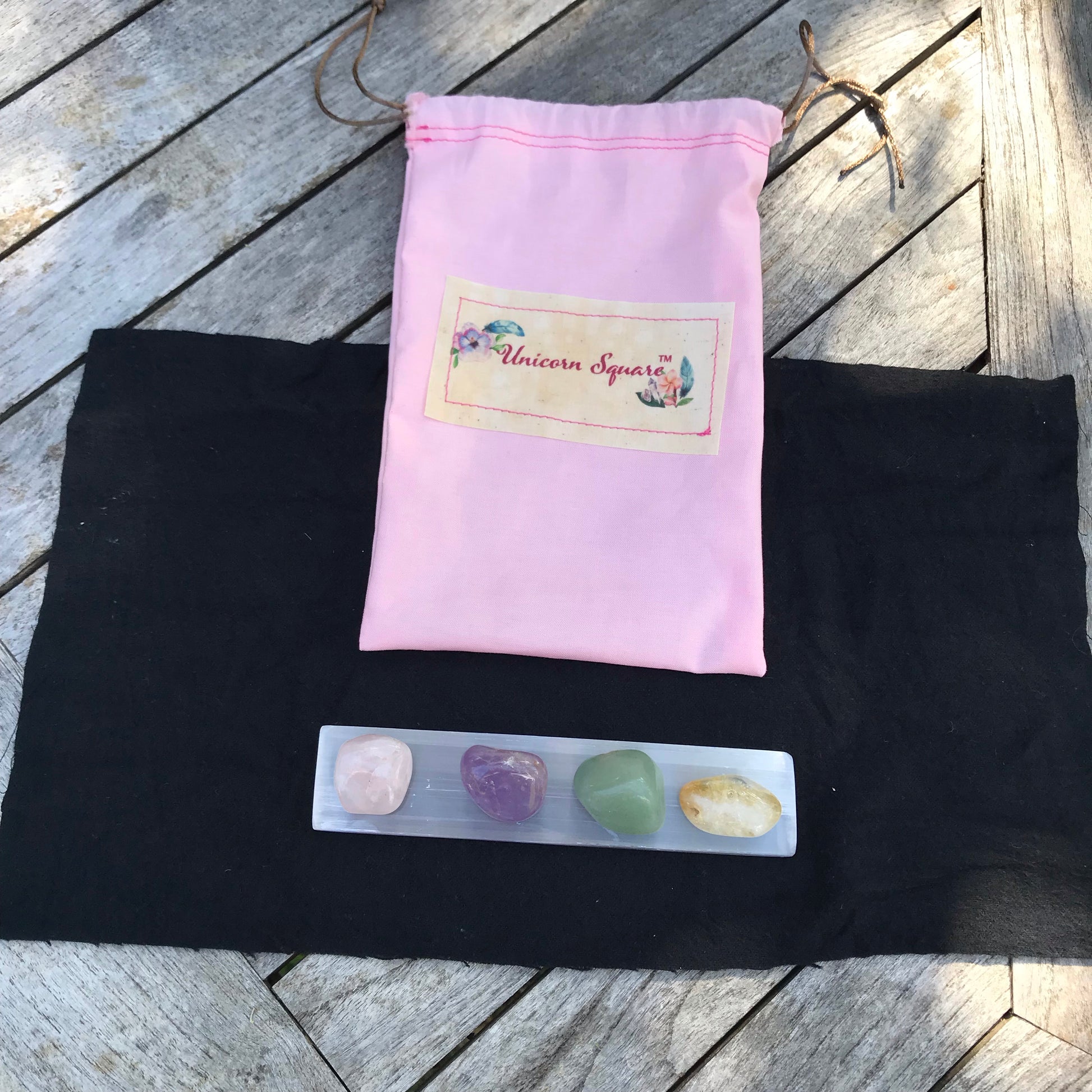 Selenite Wand & Four Tumbled Crystals - Unicorn Square