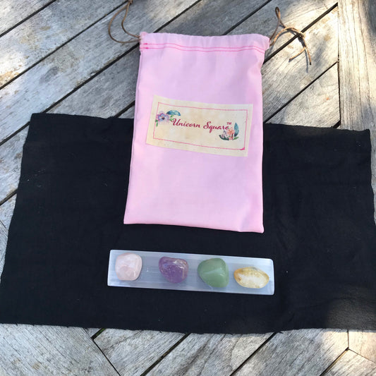 Selenite Wand & Four Tumbled Crystals - Unicorn Square