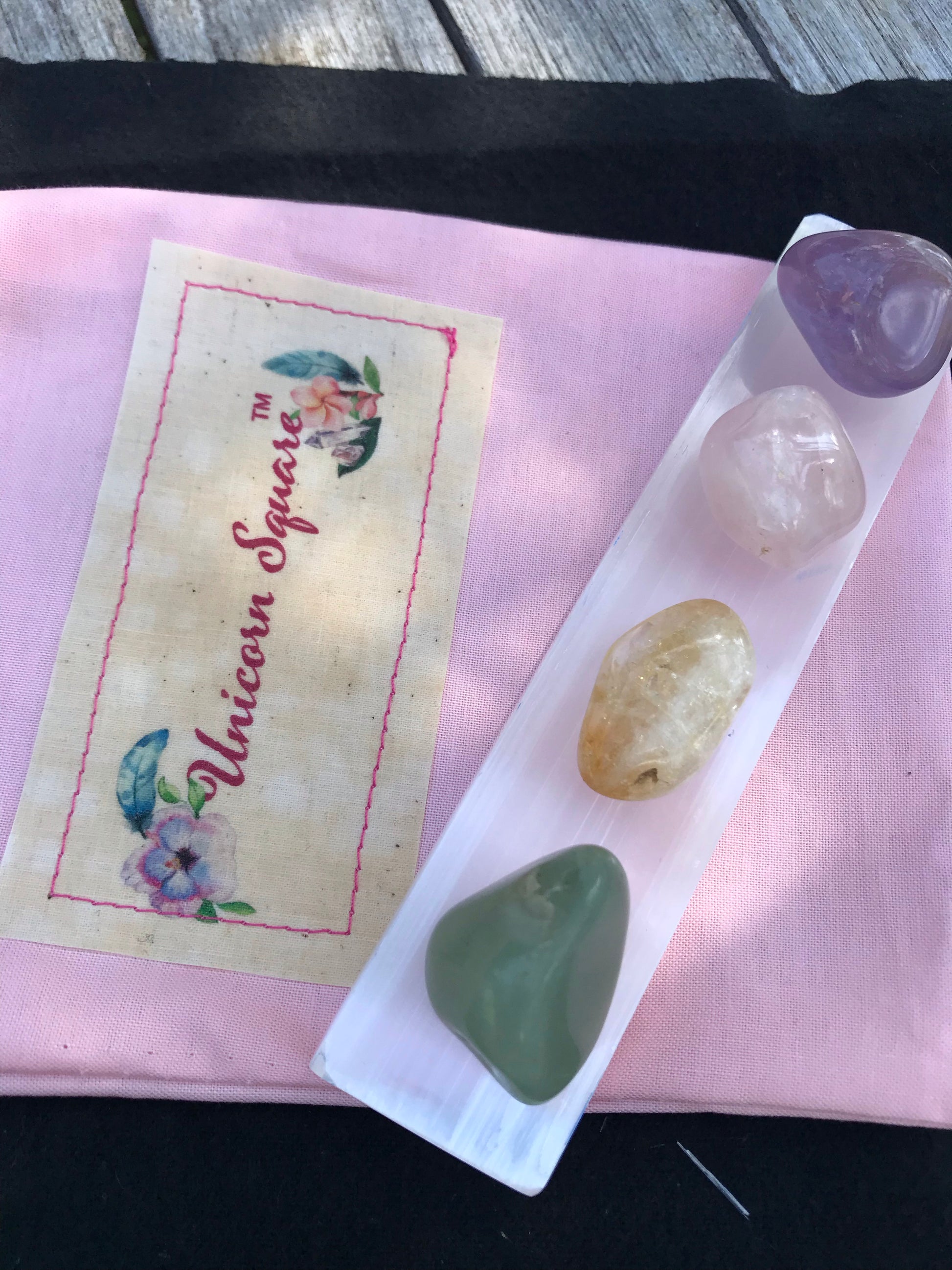 Selenite Wand & Four Tumbled Crystals - Unicorn Square